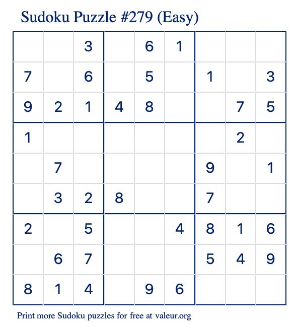 Free Printable Easy Sudoku Puzzle number 279