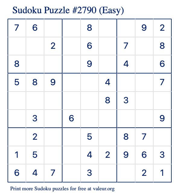 Free Printable Easy Sudoku Puzzle number 2790