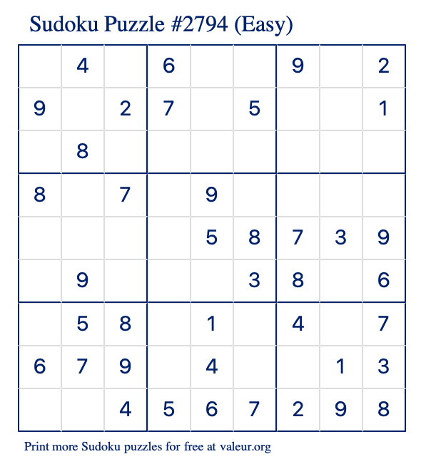Free Printable Easy Sudoku Puzzle number 2794