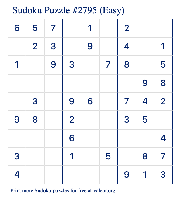 Free Printable Easy Sudoku Puzzle number 2795