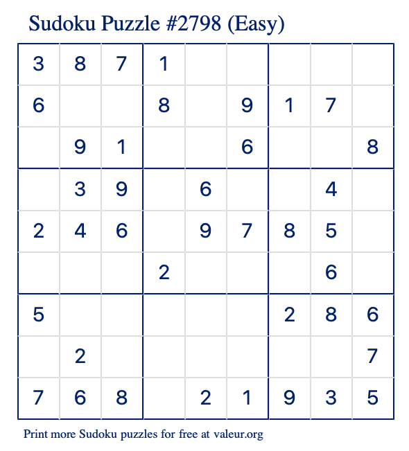Free Printable Easy Sudoku Puzzle number 2798