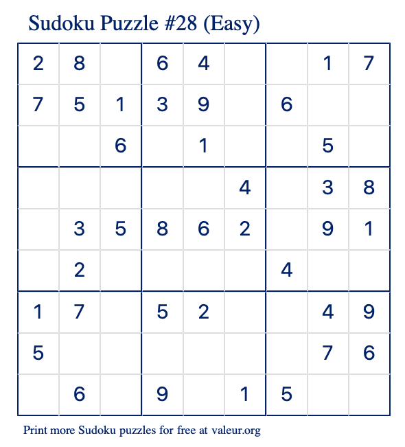 Free Printable Easy Sudoku Puzzle number 28