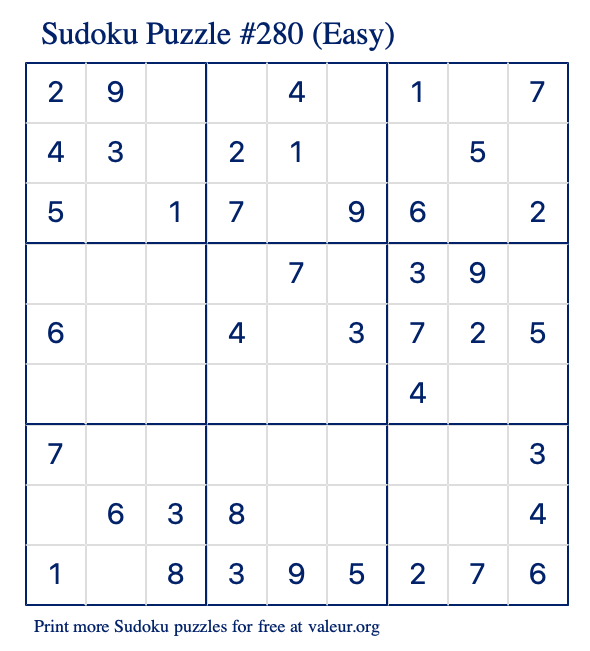 Free Printable Easy Sudoku Puzzle number 280