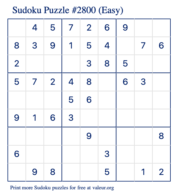 Free Printable Easy Sudoku Puzzle number 2800