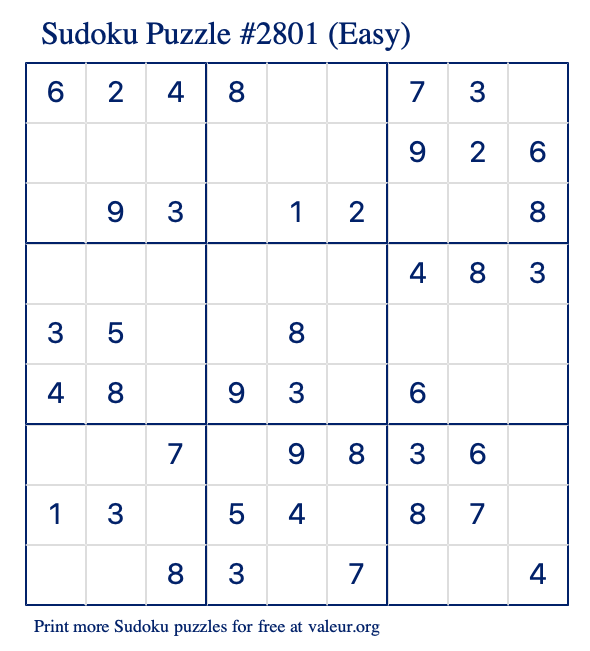 Free Printable Easy Sudoku Puzzle number 2801