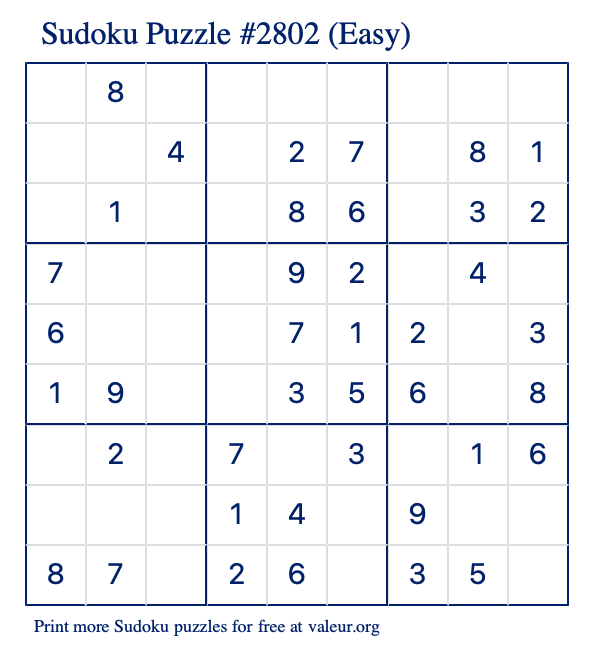 Free Printable Easy Sudoku Puzzle number 2802