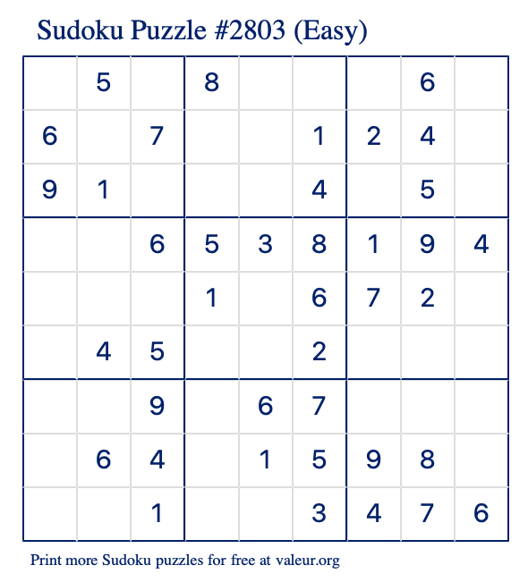 Free Printable Easy Sudoku Puzzle number 2803