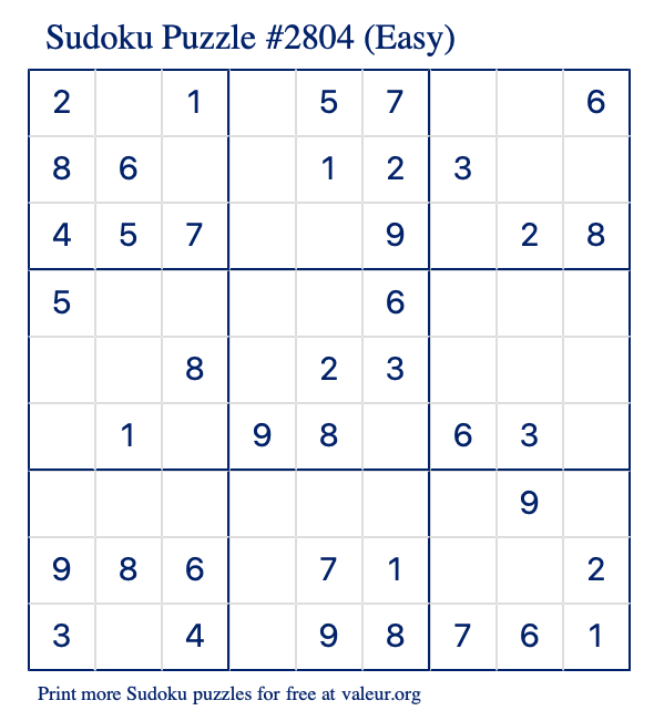 Free Printable Easy Sudoku Puzzle number 2804