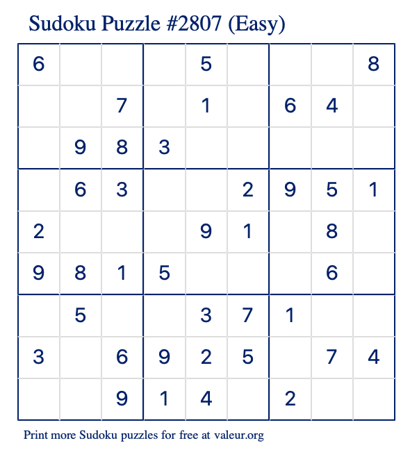 Free Printable Easy Sudoku Puzzle number 2807