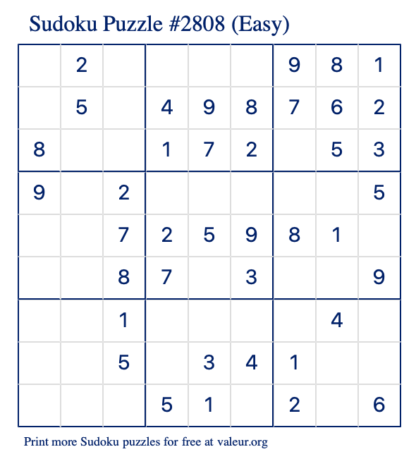 Free Printable Easy Sudoku Puzzle number 2808