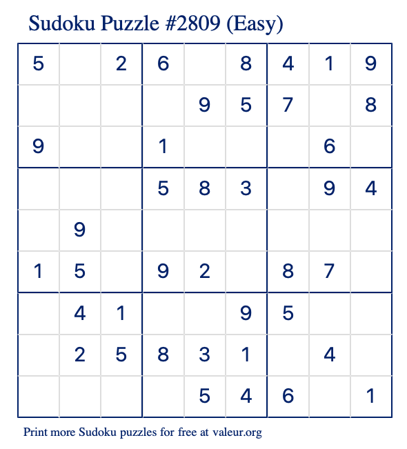 Free Printable Easy Sudoku Puzzle number 2809