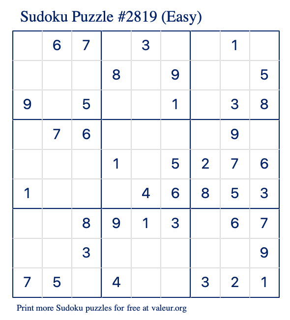Free Printable Easy Sudoku Puzzle number 2819