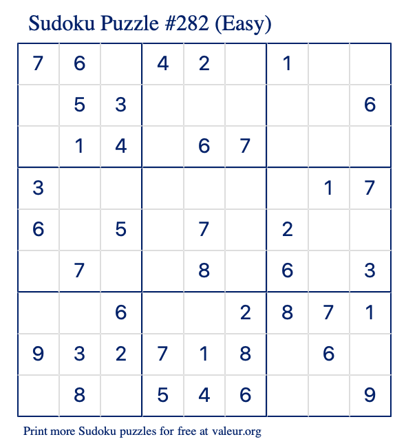 Free Printable Easy Sudoku Puzzle number 282