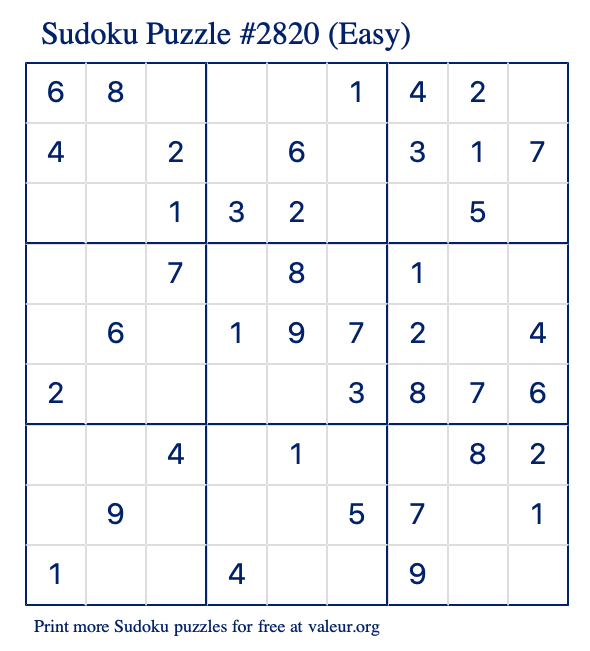 Free Printable Easy Sudoku Puzzle number 2820