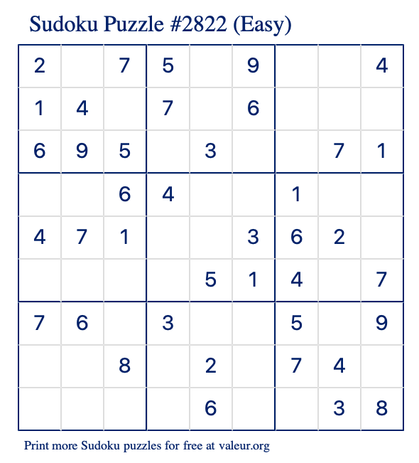 Free Printable Easy Sudoku Puzzle number 2822