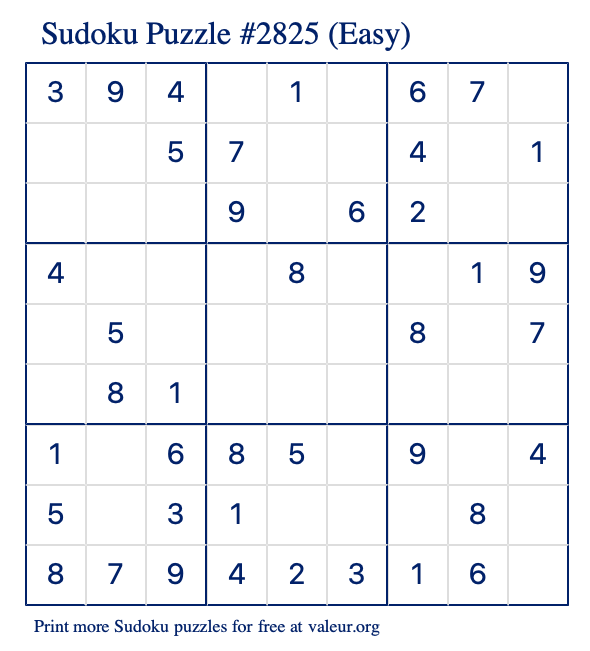Free Printable Easy Sudoku Puzzle number 2825