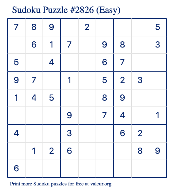 Free Printable Easy Sudoku Puzzle number 2826