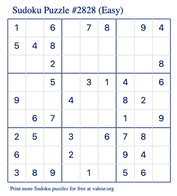 Free Printable Easy Sudoku Puzzle number 2828