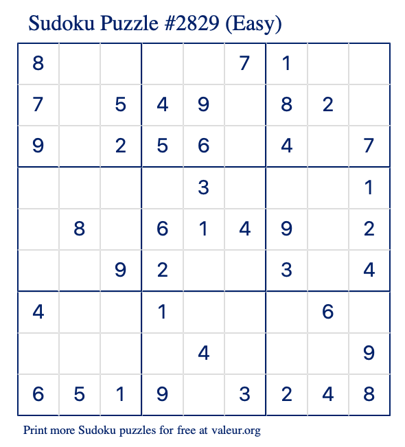 Free Printable Easy Sudoku Puzzle number 2829
