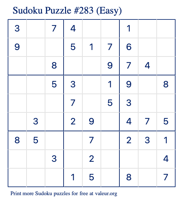 Free Printable Easy Sudoku Puzzle number 283