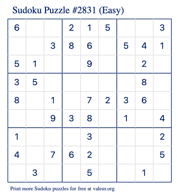 Free Printable Easy Sudoku Puzzle number 2831