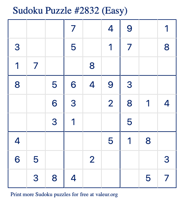 Free Printable Easy Sudoku Puzzle number 2832
