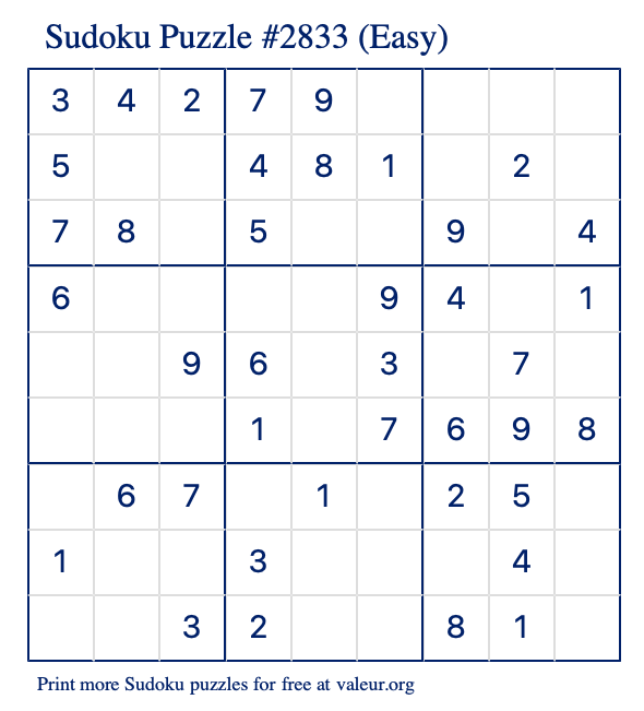 Free Printable Easy Sudoku Puzzle number 2833
