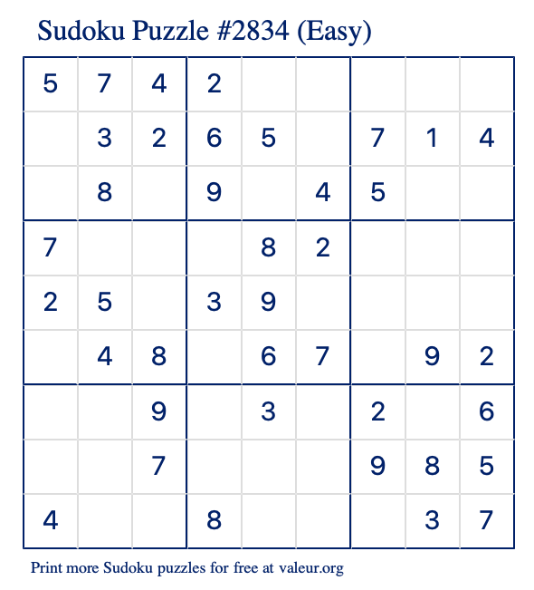 Free Printable Easy Sudoku Puzzle number 2834