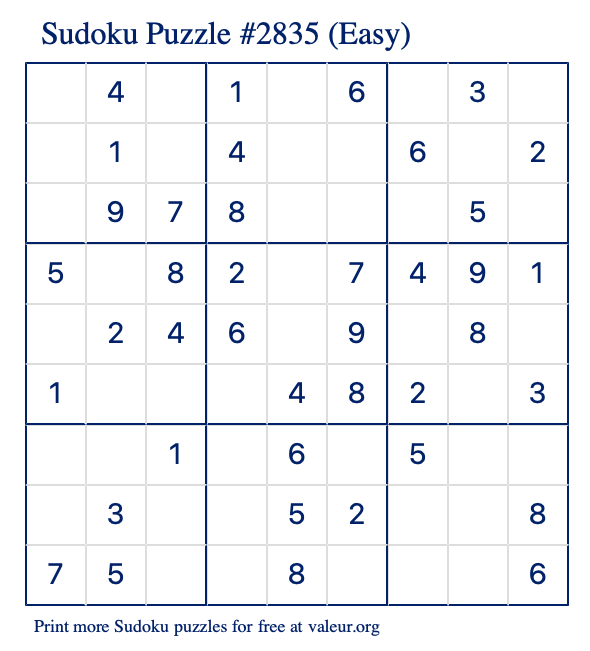 Free Printable Easy Sudoku Puzzle number 2835
