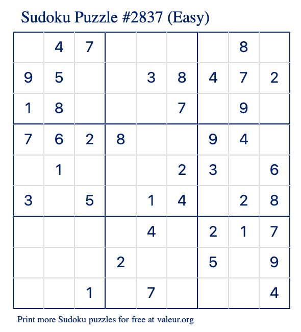 Free Printable Easy Sudoku Puzzle number 2837