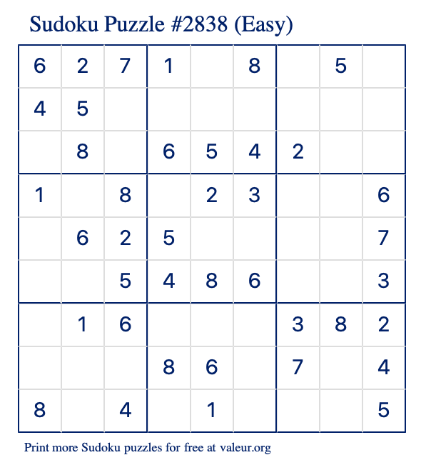 Free Printable Easy Sudoku Puzzle number 2838