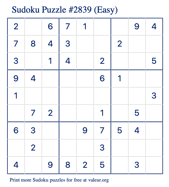 Free Printable Easy Sudoku Puzzle number 2839