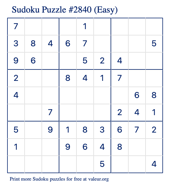 Free Printable Easy Sudoku Puzzle number 2840