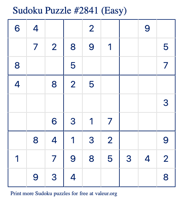 Free Printable Easy Sudoku Puzzle number 2841