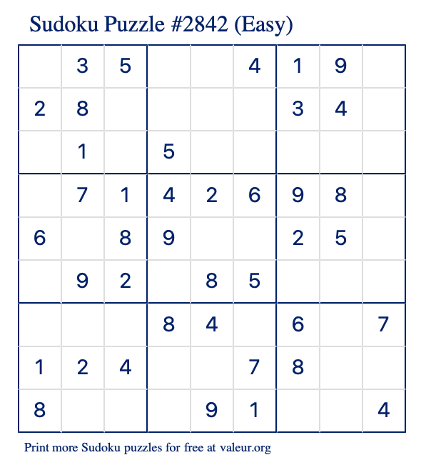 Free Printable Easy Sudoku Puzzle number 2842