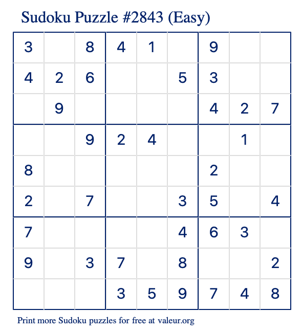 Free Printable Easy Sudoku Puzzle number 2843