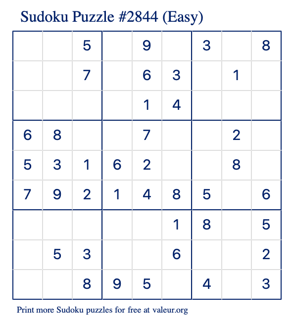 Free Printable Easy Sudoku Puzzle number 2844