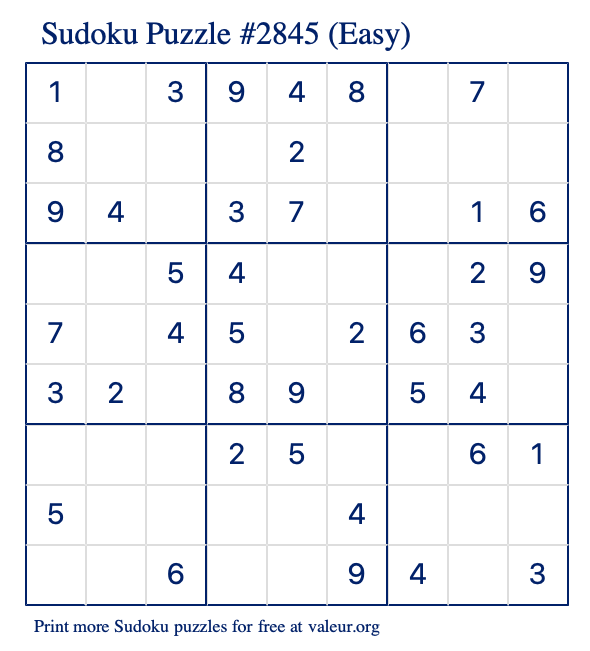 Free Printable Easy Sudoku Puzzle number 2845