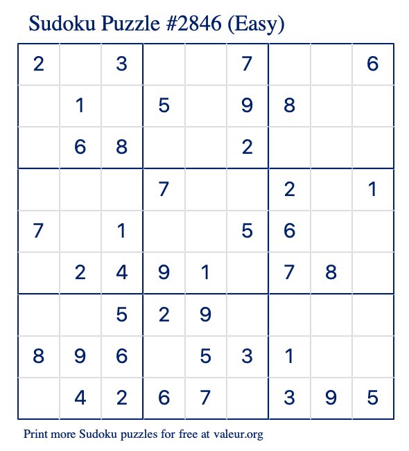 Free Printable Easy Sudoku Puzzle number 2846