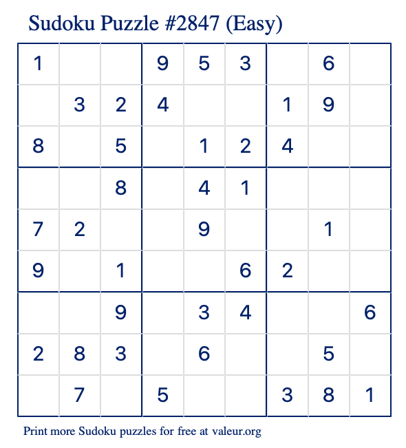 Free Printable Easy Sudoku Puzzle number 2847