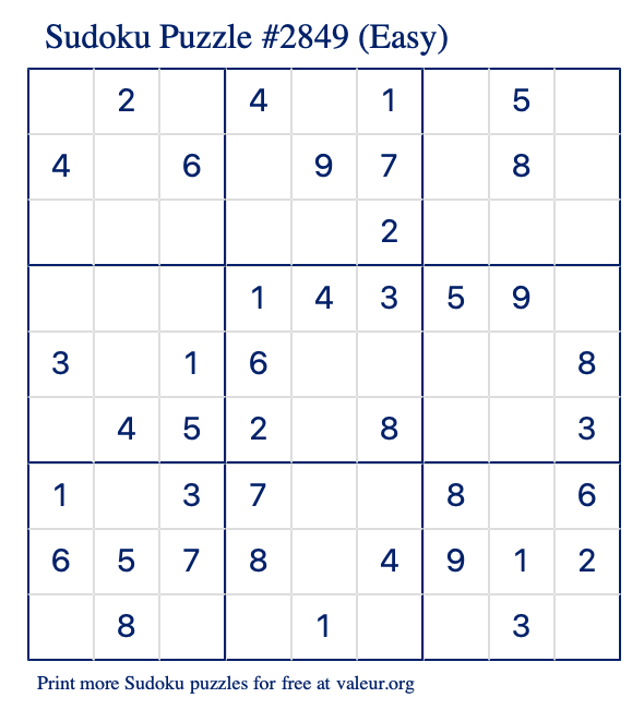 Free Printable Easy Sudoku Puzzle number 2849