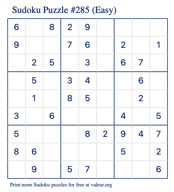 Free Printable Easy Sudoku Puzzle number 285