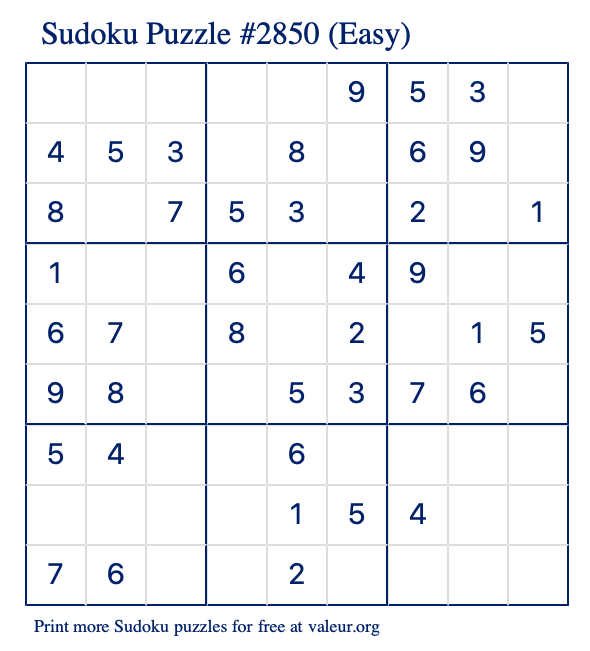 Free Printable Easy Sudoku Puzzle number 2850