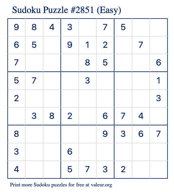 Free Printable Easy Sudoku Puzzle number 2851