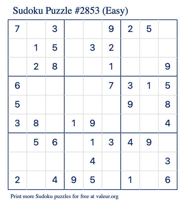 Free Printable Easy Sudoku Puzzle number 2853
