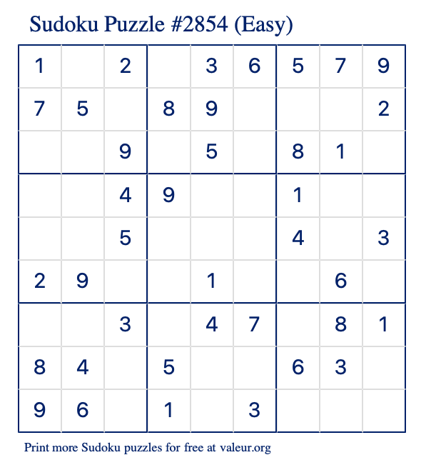 Free Printable Easy Sudoku Puzzle number 2854