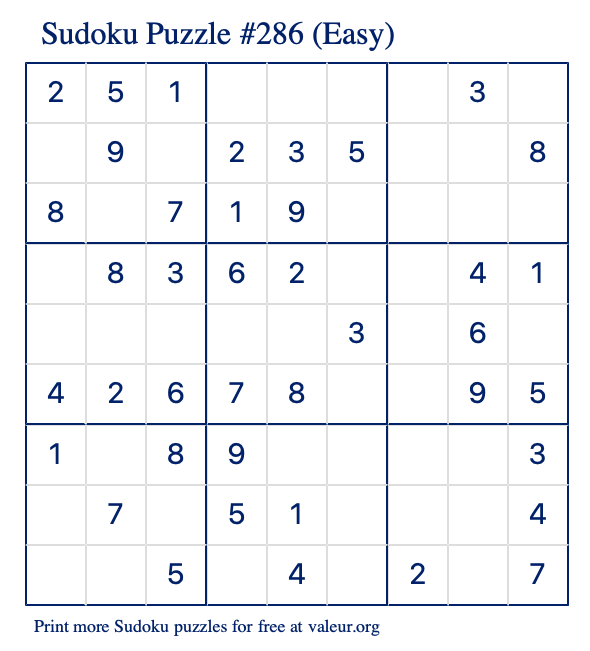 Free Printable Easy Sudoku Puzzle number 286