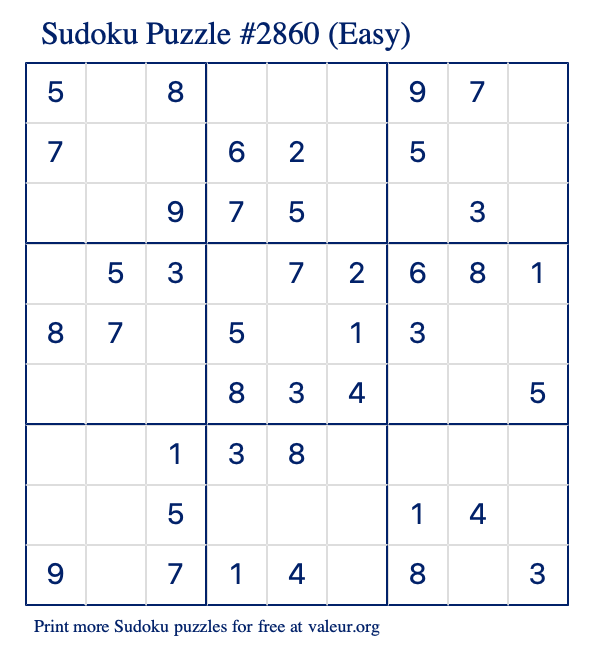 Free Printable Easy Sudoku Puzzle number 2860