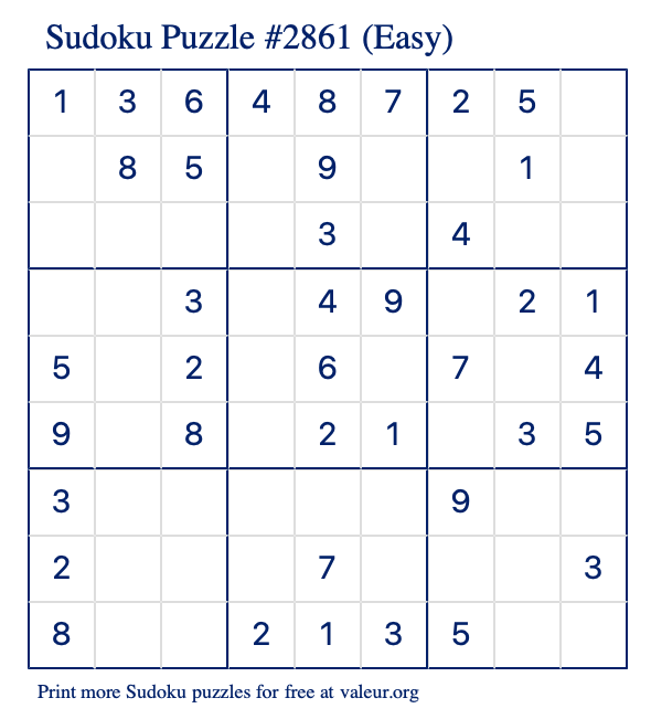 Free Printable Easy Sudoku Puzzle number 2861