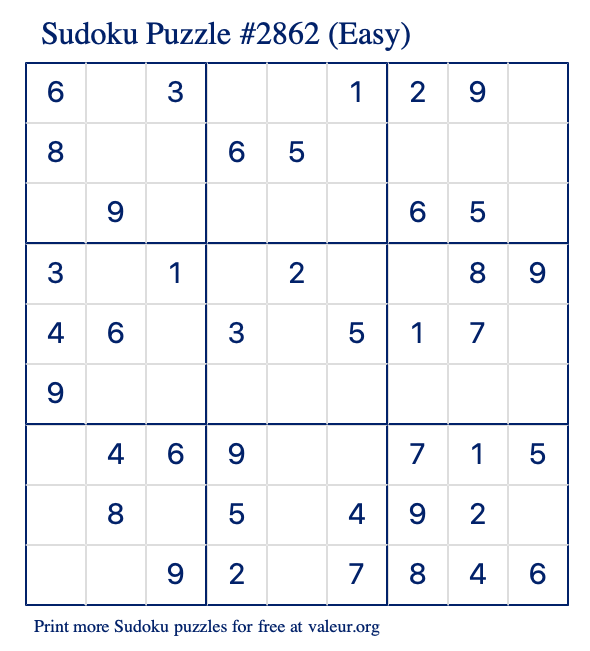Free Printable Easy Sudoku Puzzle number 2862